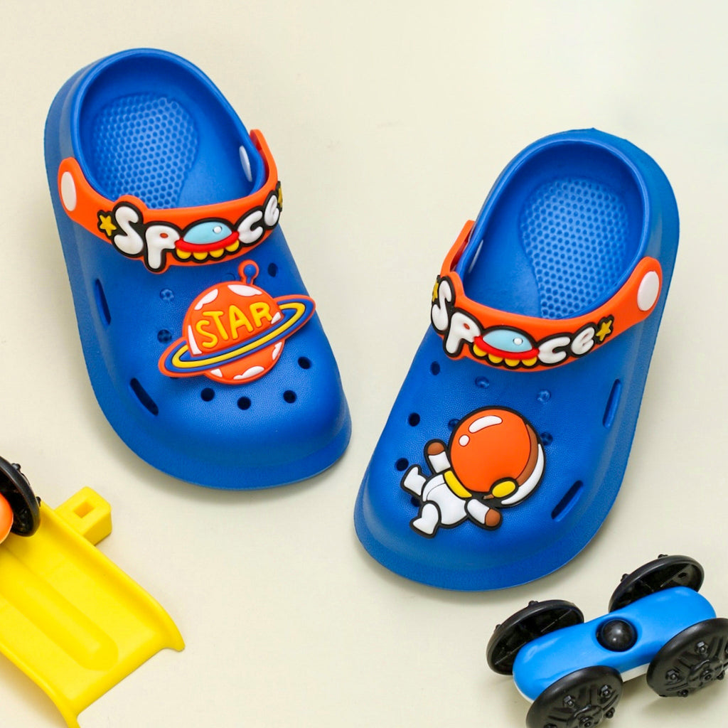 Vibrant blue space-themed clogs for children with playful astronaut and star designs