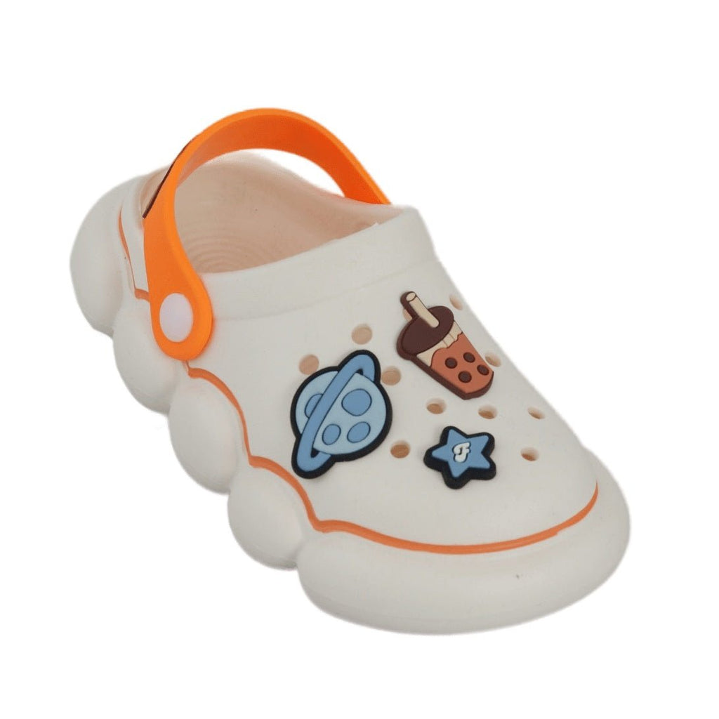 Side View of Cream-Colored Kids' Clog with Space Motif and Orange Strap