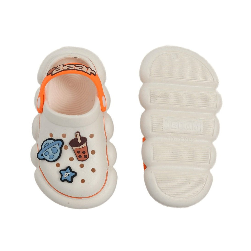 Top and Sole View of Kids' Space Motif Clogs Showing Comfortable Insole and Patterned Outsole