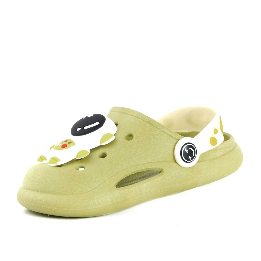 Profile view of olive green kids' clog with a fun space explorer motif and secure heel strap.