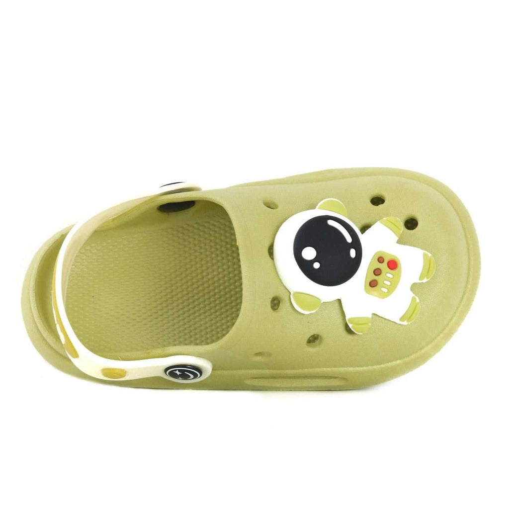 Angled view of kids' space-themed clogs with astronaut design, highlighting the strap detail.