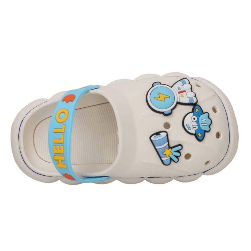 Side View of Kids' White Space Clogs with Secure Heel Strap