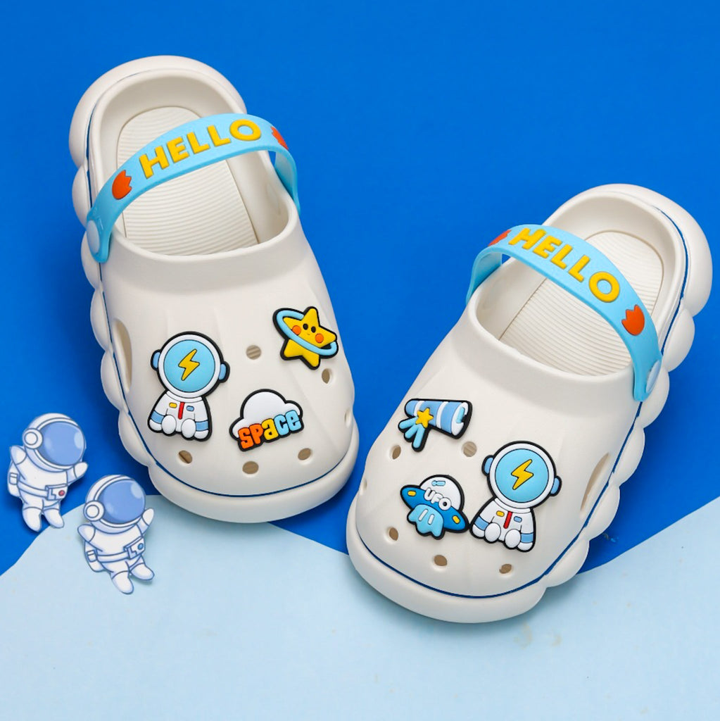 White Space-Themed Clogs for Kids on Blue Background