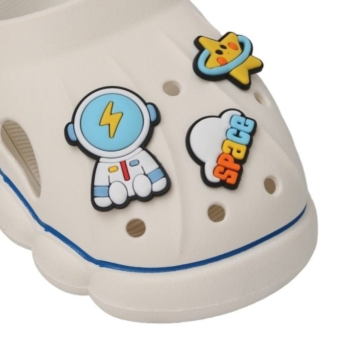 Detailed Top View of White Space Clogs with Astronaut and Planet Designs