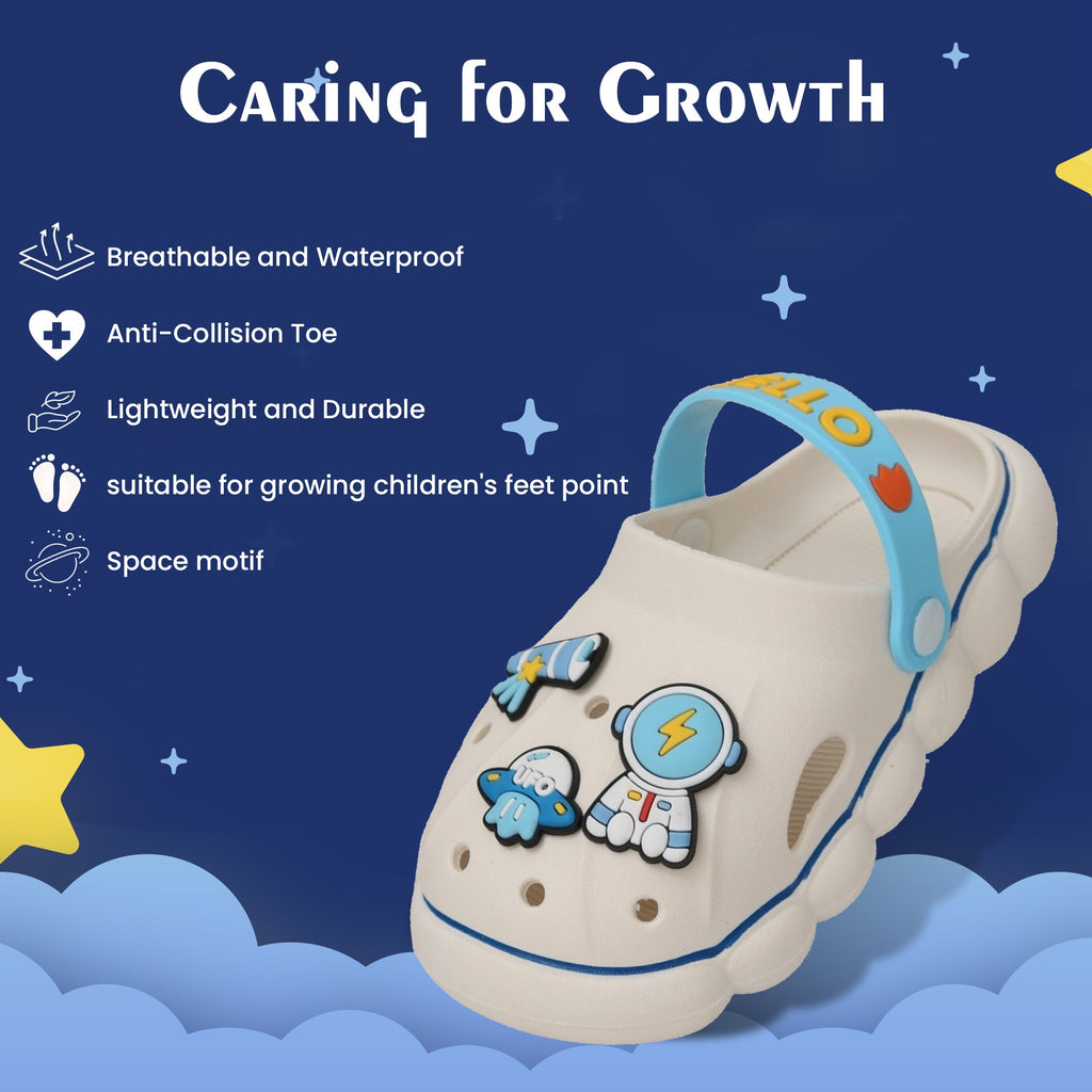 Infographic Showing Features of White Space-Themed Kids' Clogs