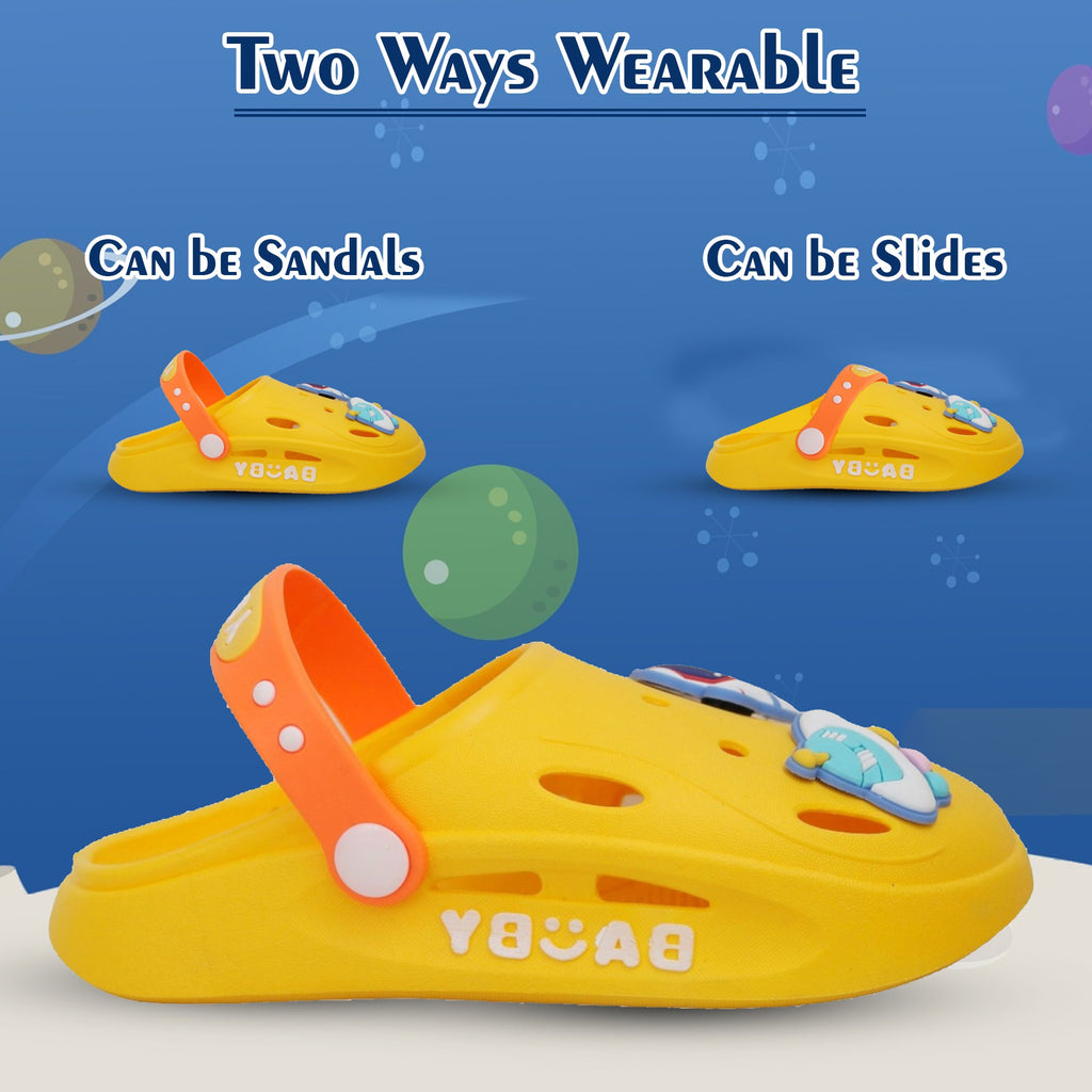 Side view of yellow space-themed clogs with secure heel strap.