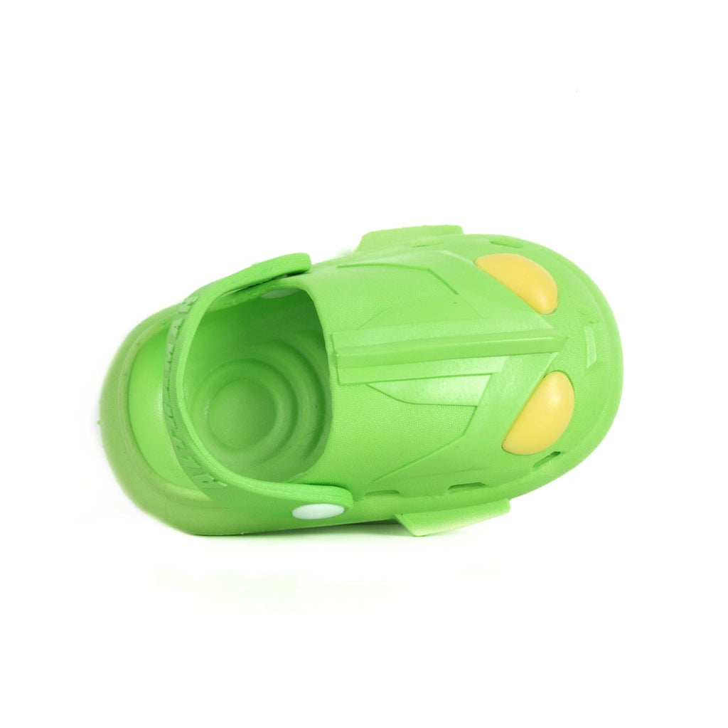 Angle view of the Green Alien Clog, showcasing the vibrant color and playful eyes.