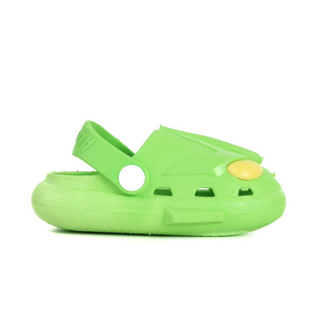 Side view of the Green Alien Clog with adjustable strap for a secure fit.