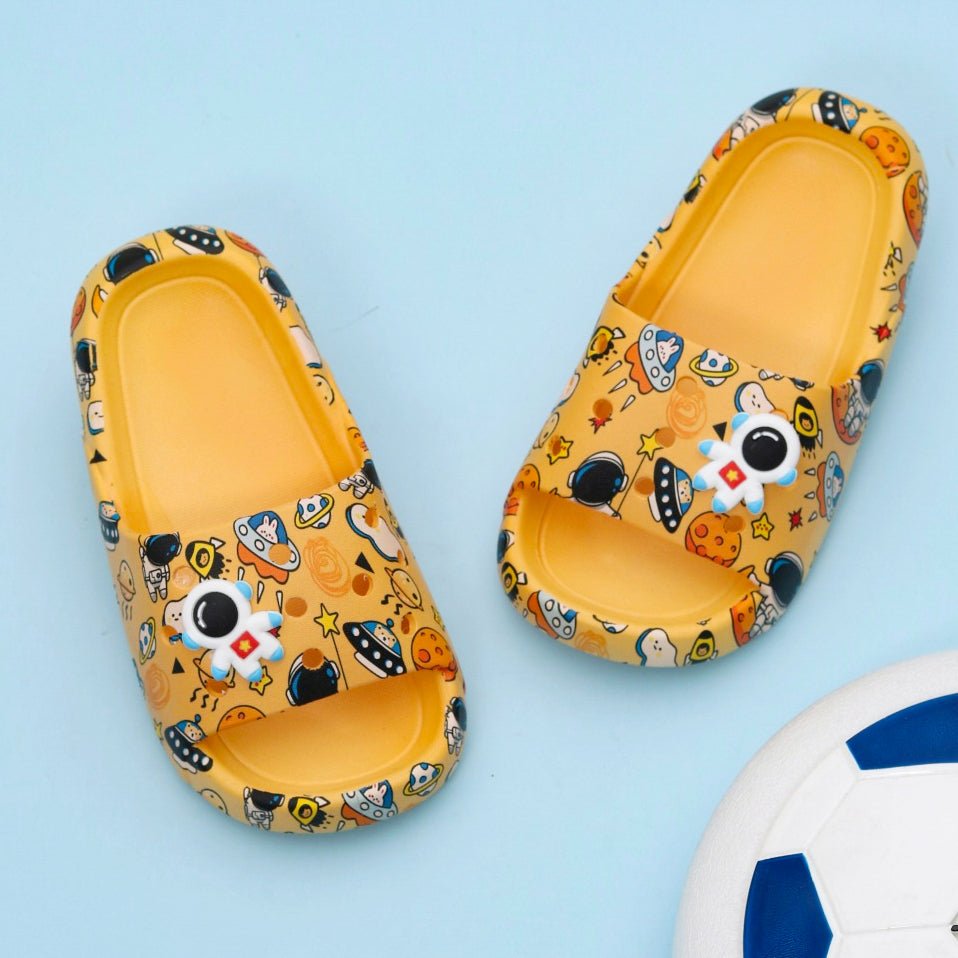 Kids' Yellow Slides with Colorful Space Print and Astronaut Motif
