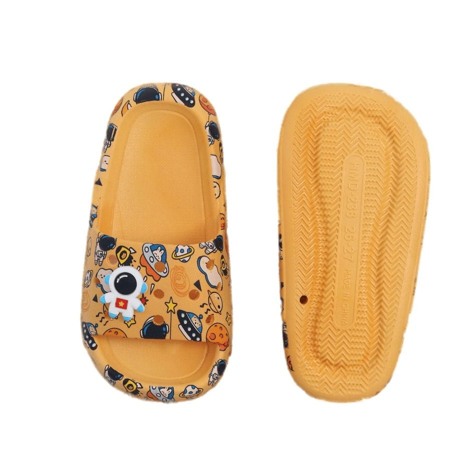 Bottom View of Yellow Kids' Slides with Space Print and Anti-Slip Sole