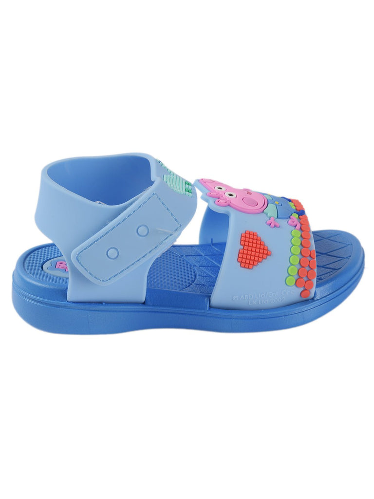 Side perspective of blue George Pig sandals displaying secure fit and child-friendly fastening.