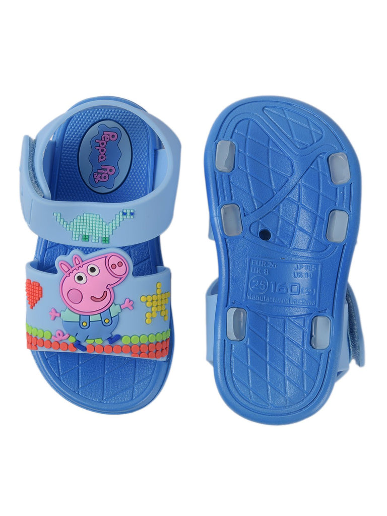Overhead view of George Pig blue sandals for kids with vibrant character design