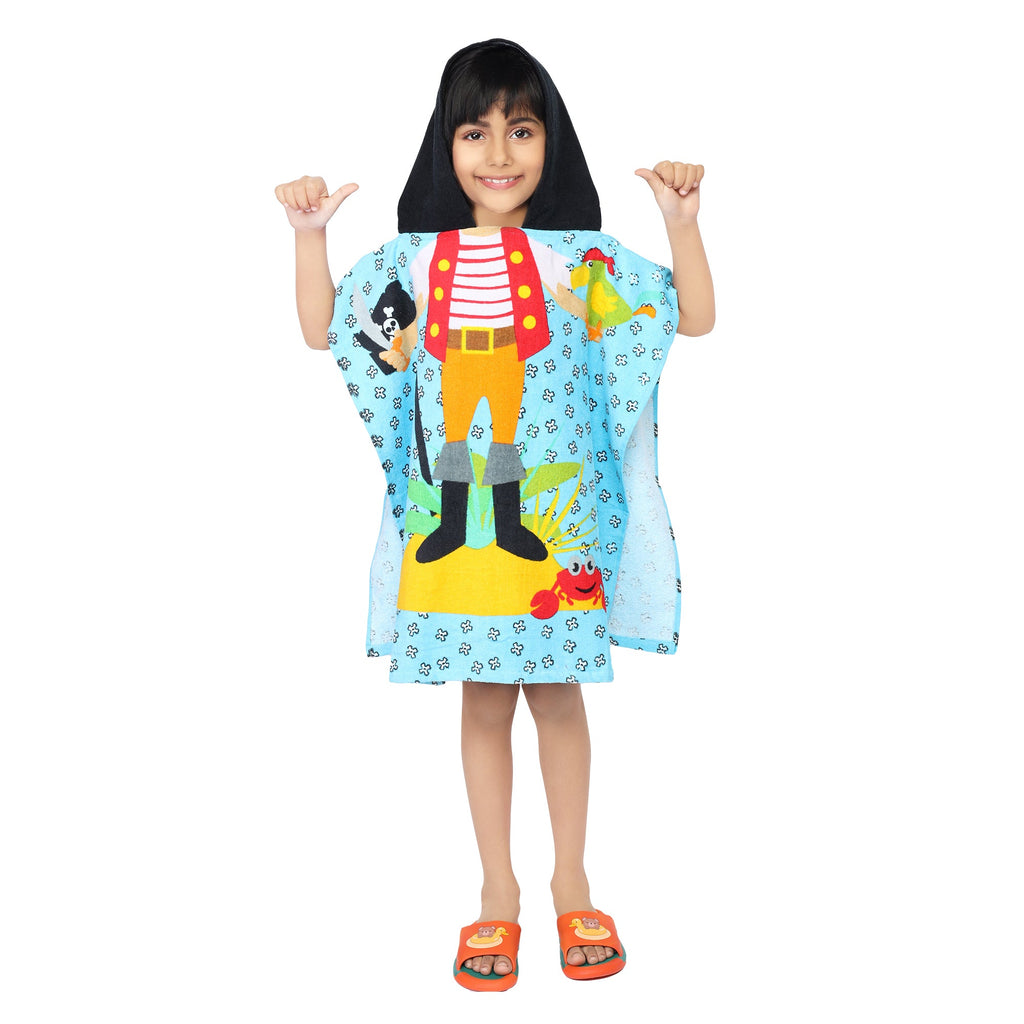 Child wearing Yellow Bee Pirate Hooded Poncho Towel with playful design