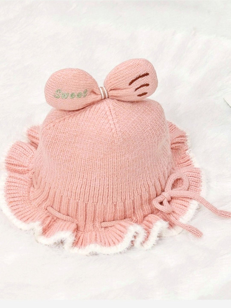 Girl's Soft Pink Knitted Cloche Hat with Bow and Frill