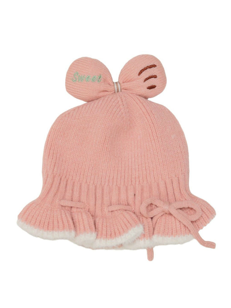 Top View of Girlish Pink Knitted Hat with Bow and Frills