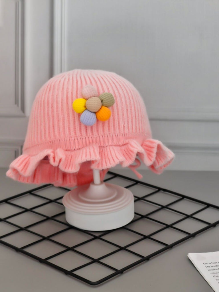Girl's Soft Pink Knitted Cloche Hat with a Colorful Flower on Top