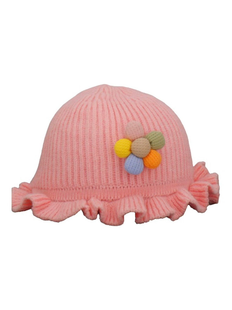 Front View of Girl's Pink Winter Hat with Flower Accent and Ruffle Trim