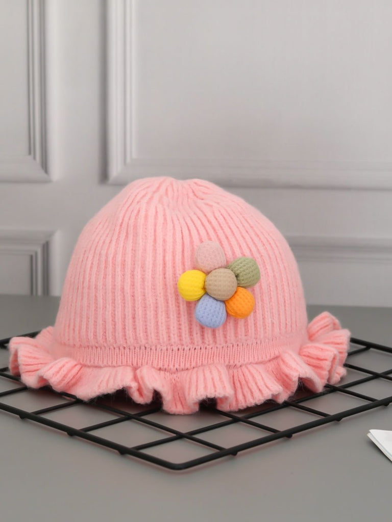 Cute Pink Knitted Hat with Multicolored Flower Detail for Young Girls