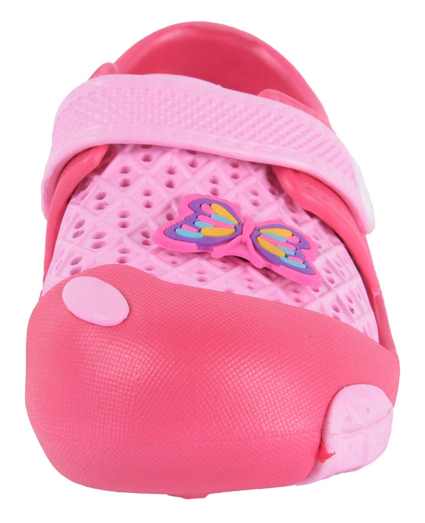 Yellow Bee Girls' Pink Clogs with Butterfly Motif Close Up View