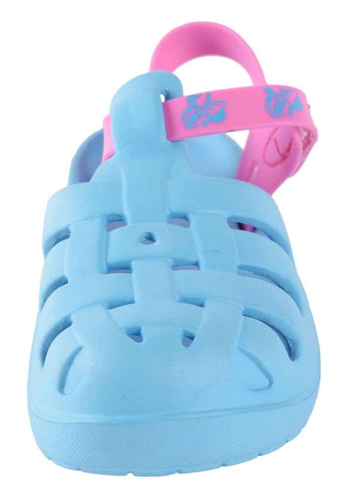 Dynamic Close-Up View of Girls' Blue & Pink Clogs