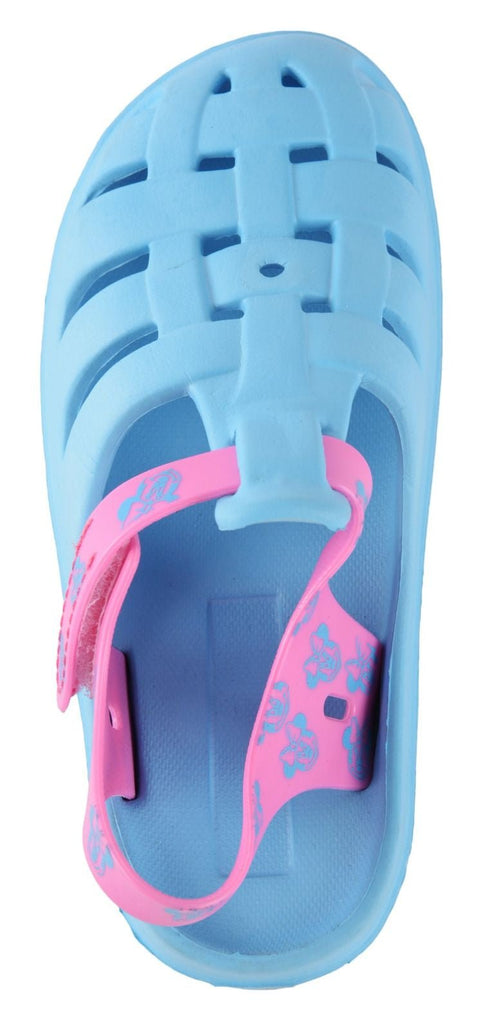 Top View of Girls' Easy-to-Wear Blue & Pink Clogs