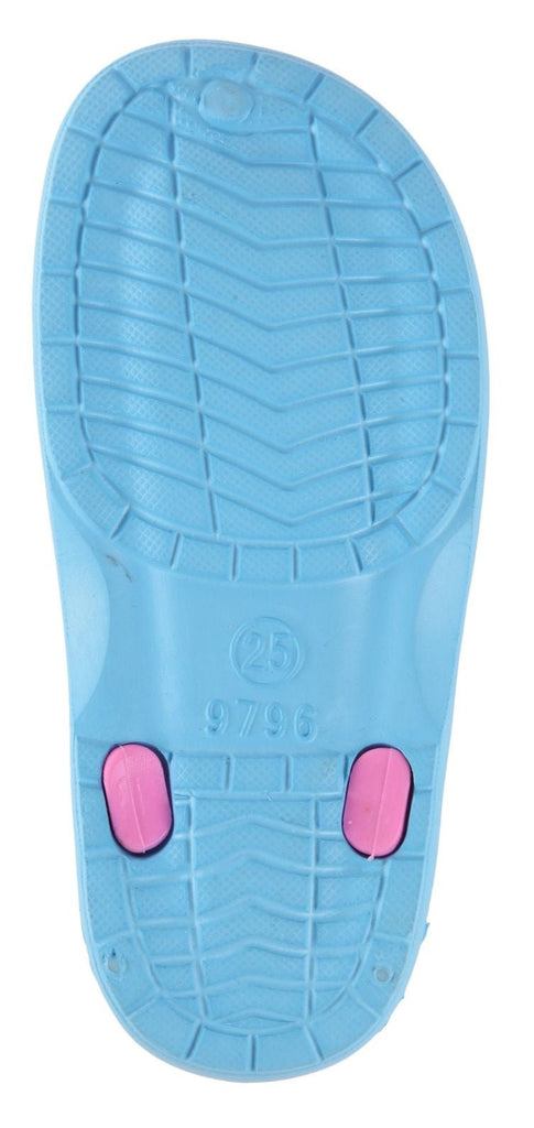 Detailed Back View of Girls' Blue & Pink Clogs