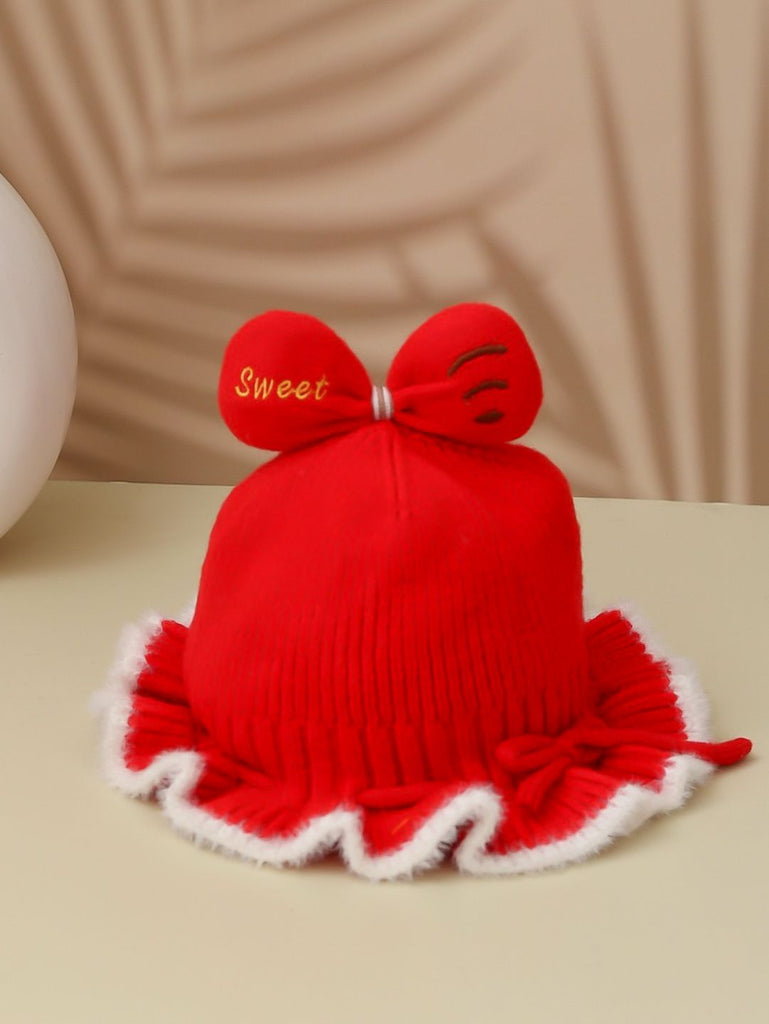 Adorable Red Knitted Cloche Hat with White Trim and Bow for Girls