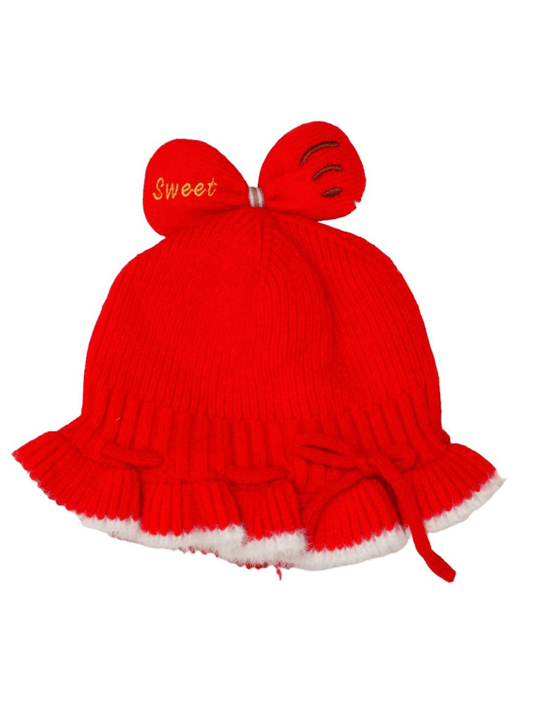 Side View of Red Knitted Girls' Hat with Bow and Fuzzy Trim