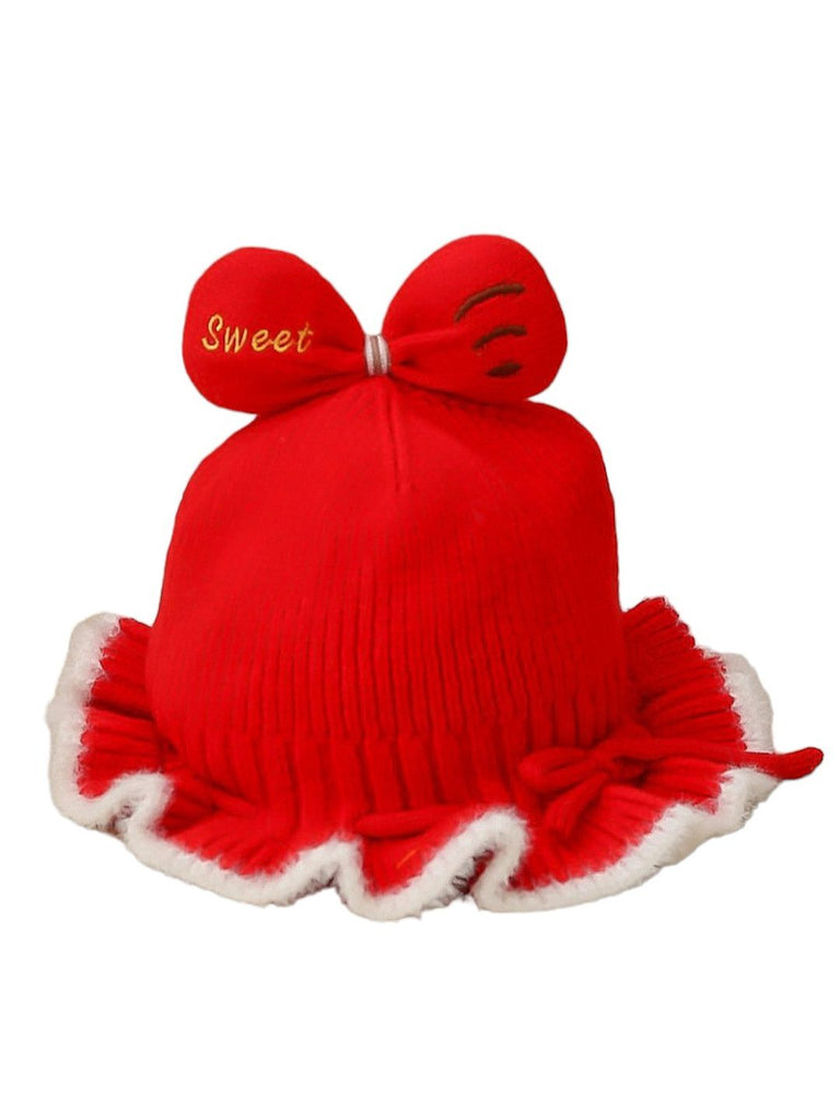 Girls' Sweet Red Winter Hat with Knitted Bow Detail