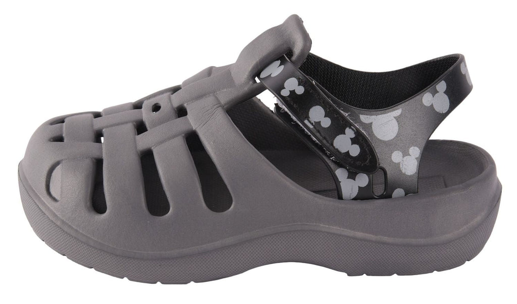 Side View of Yellow Bee's Boys' Grey Clogs with Flat Heel Design