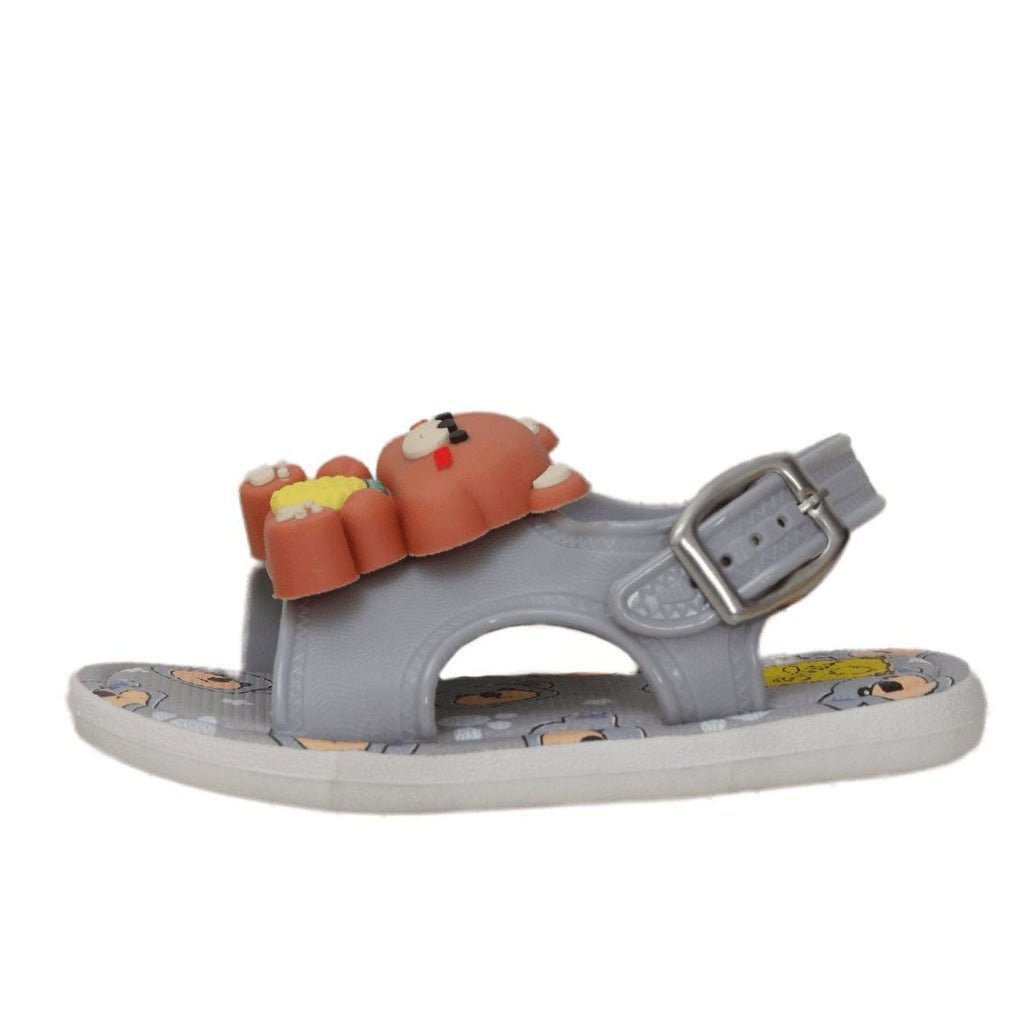 Side view of Grey Teddy Applique Sandal, showcasing the buckle closure and bear print insole