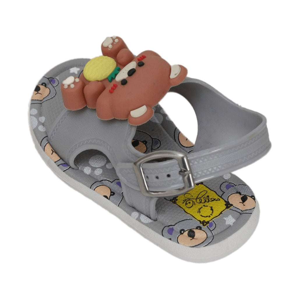 Side view of Grey Teddy Applique Sandal, showcasing the buckle closure and bear print insole.