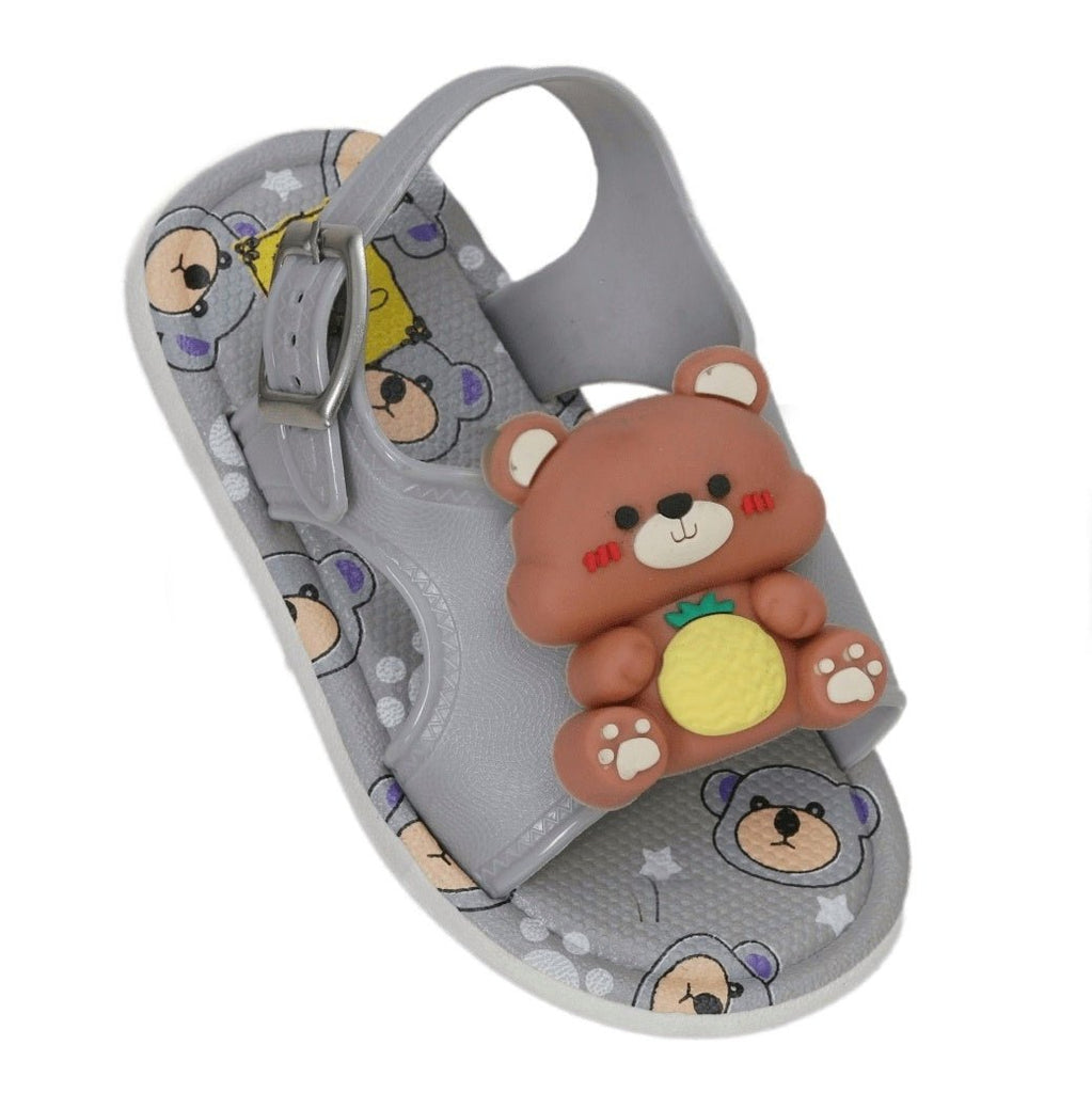 Top angle view of a Grey Teddy Applique Sandal with a cute bear motif and secure strap.
