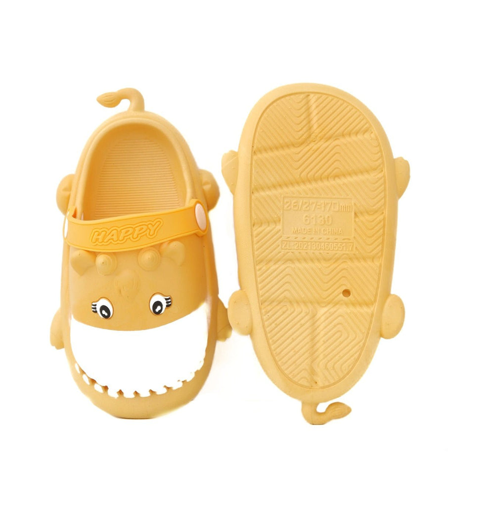 Bottom view of a yellow toddler clog showing the anti-slip tread for safe play.