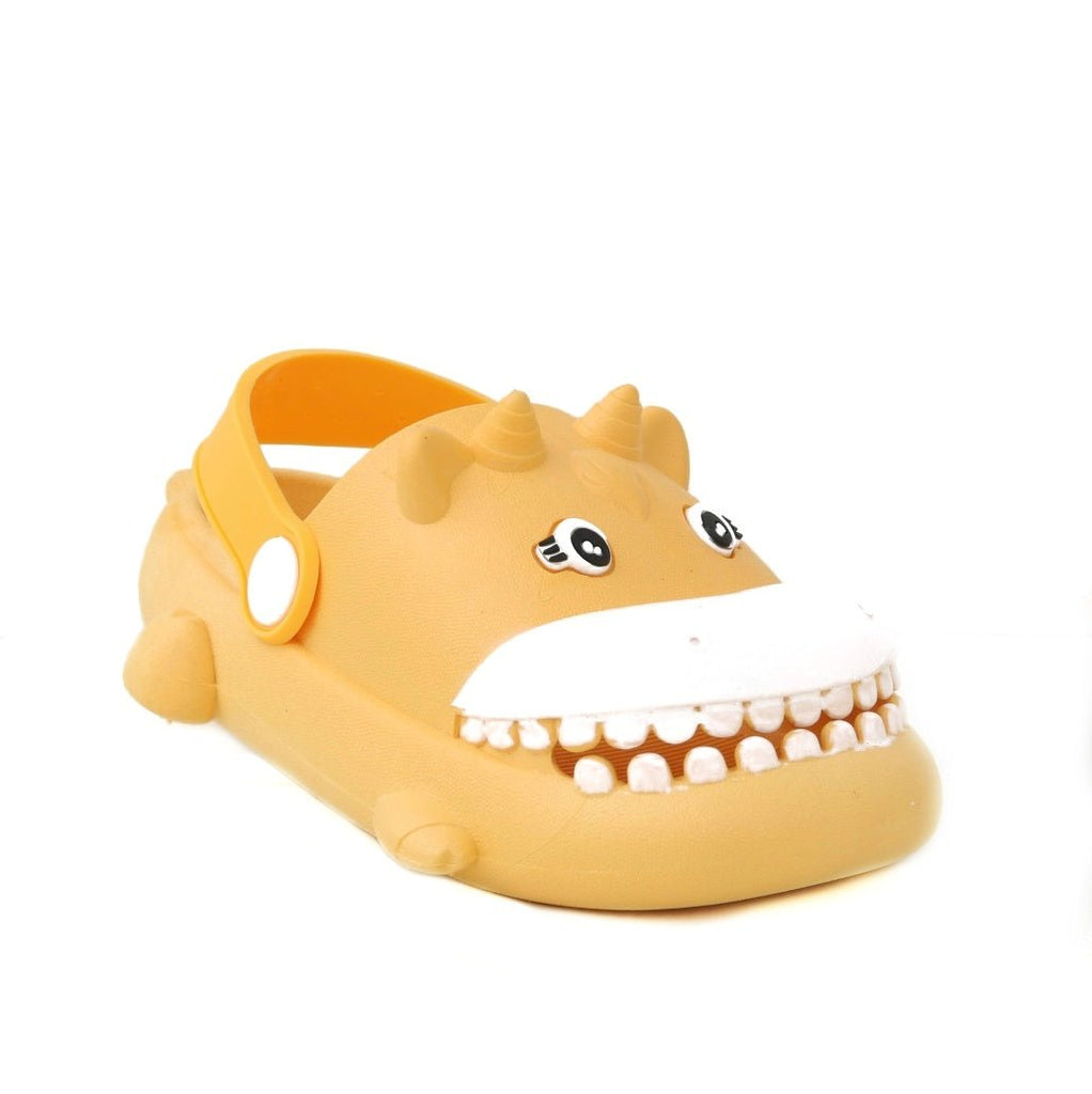 Side view of a yellow hippo-patterned clog, showcasing the snug strap and cute details