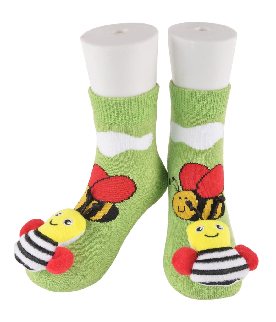 Front View of Green Honey Bee Stuffed Toy Socks with Plush Bee Detail