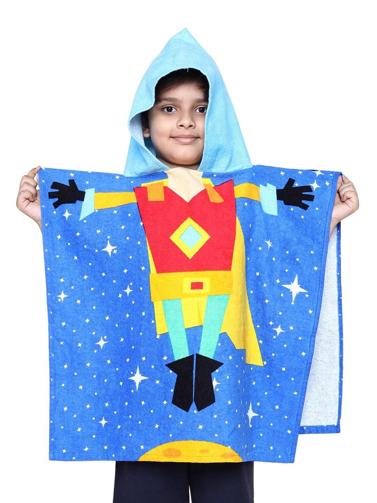 Boy smiling in a Yellow Bee Hooded Poncho Towel