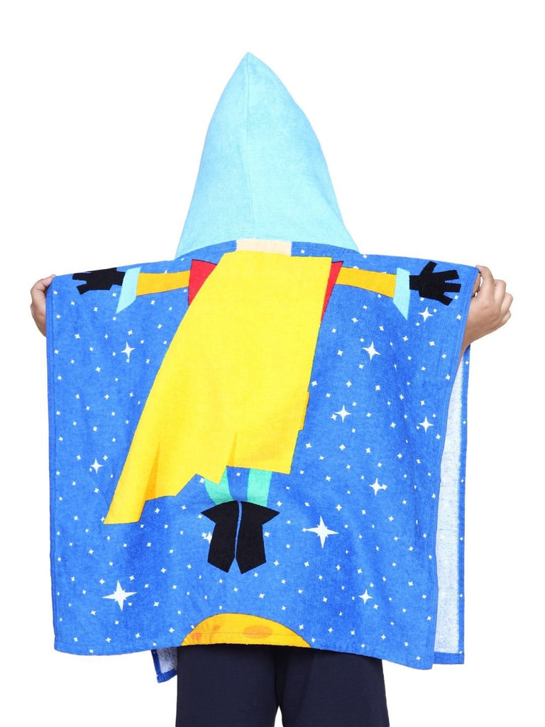 Back view of a child wearing a Yellow Bee Hooded Poncho Towel.