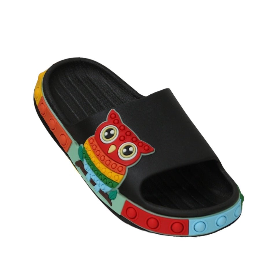 Side View of Black Owl Slides with Pop-It Detail for Kids