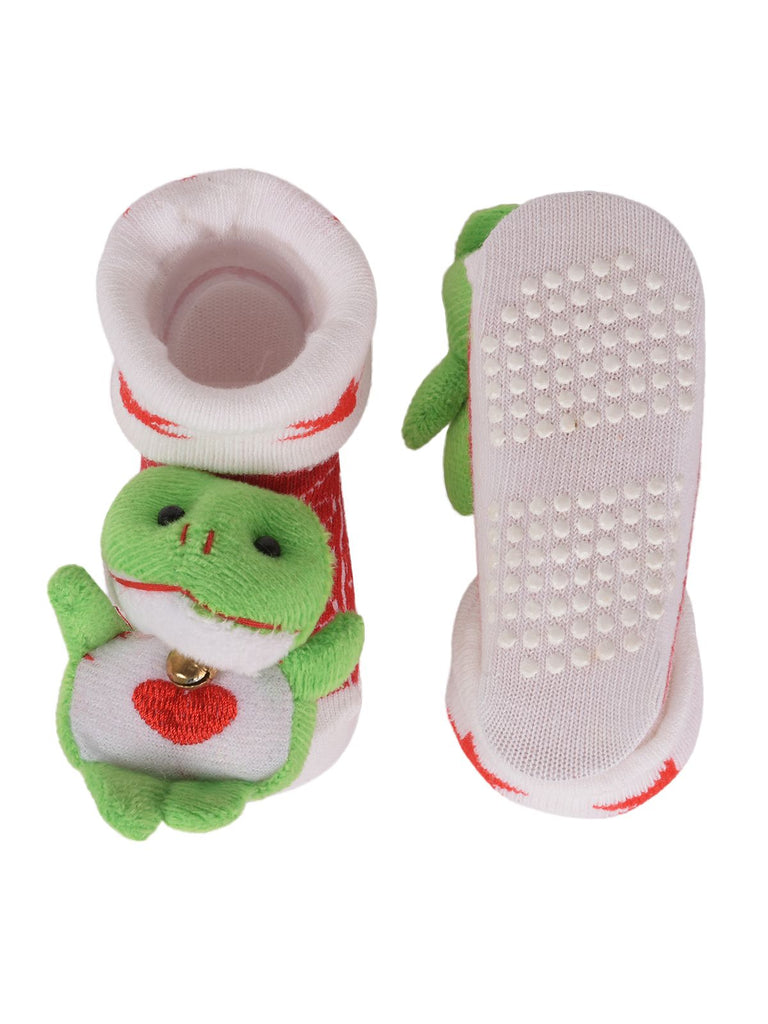 Pair of Frog Stuffed Toy Socks with Non-Slip Soles and Stuffed Frog from Above View