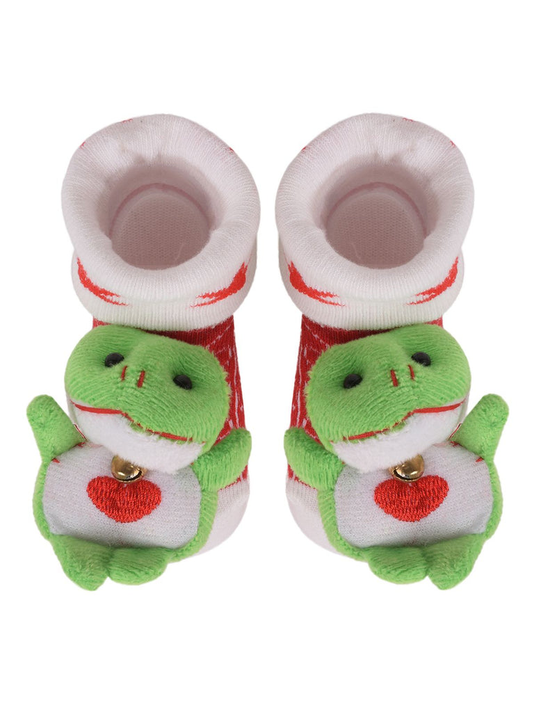 Pair of Frog Stuffed Toy Socks with White Cuff and Red Stripes on White Background