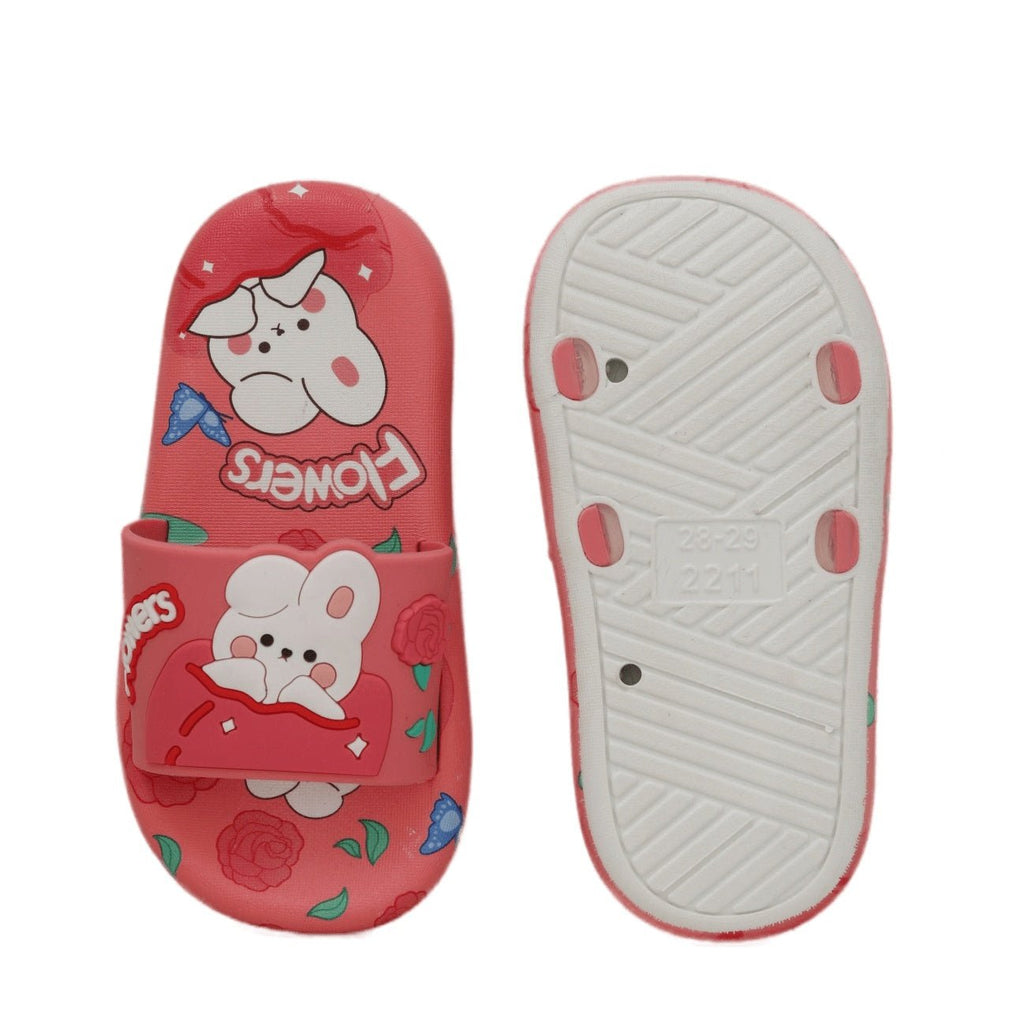 Top and sole view of bunny applique slides in pink, highlighting the anti-slip design and cute aesthetics