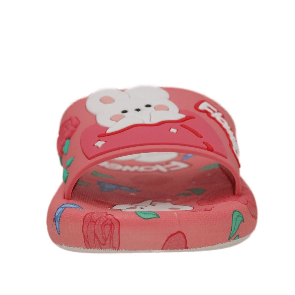 Rear view of pink slides with a white bunny applique, perfect for a cozy and cute look