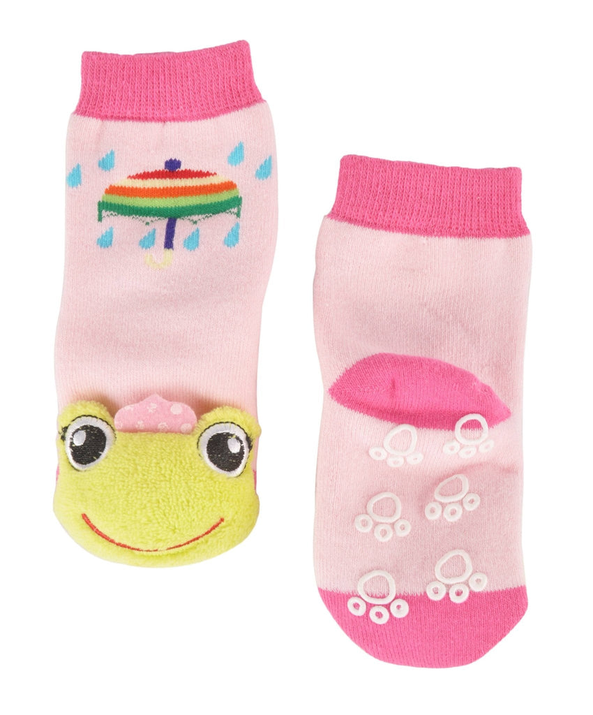 Child's pink socks with a cheerful frog stuffed toy and raindrop pattern - front view.