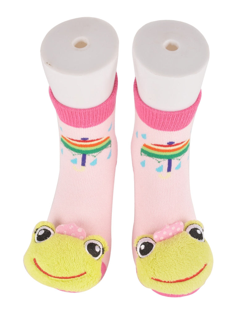 Pair of kid's socks with frog toy detail and colorful heart pattern - front and back view.