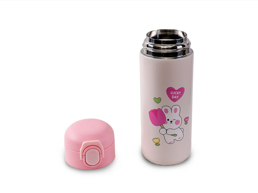 Open Yellow Bee Bunny Thermos Flask displaying its round mouth design and stainless steel interior