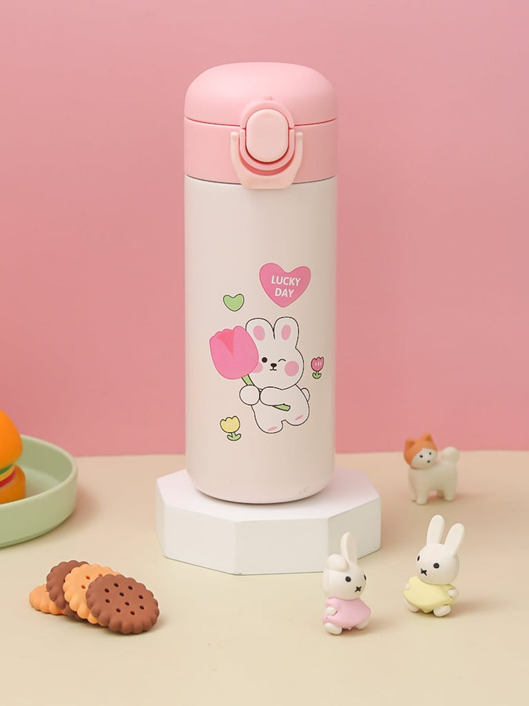 Peach-colored Yellow Bee Hot & Cold Bunny Thermos Flask with playful design on pink background