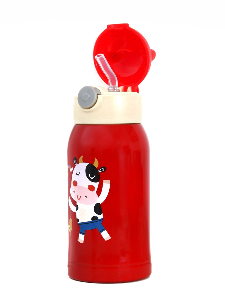 Yellow Bee Cow Red Thermos Flask with the lid open, showing the straw for easy access