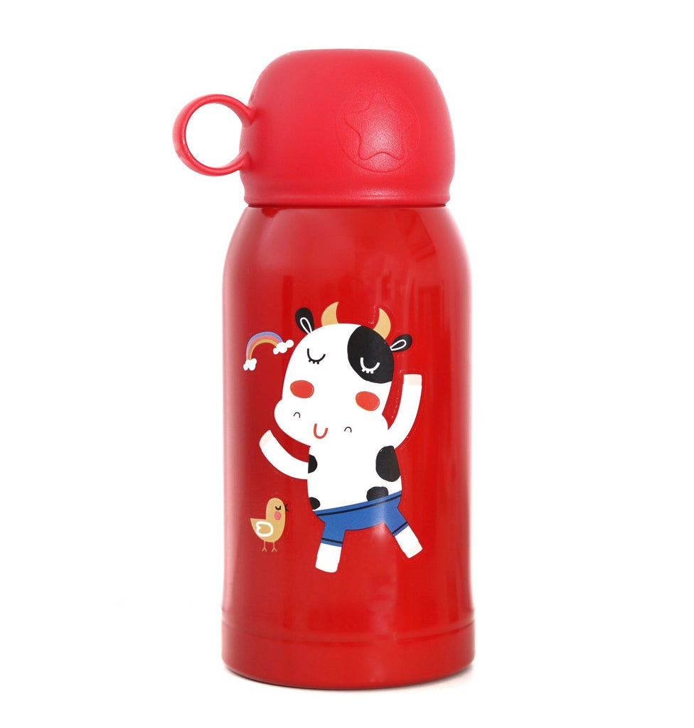 Closed view of the Yellow Bee Cow Red Thermos Flask with cow character design