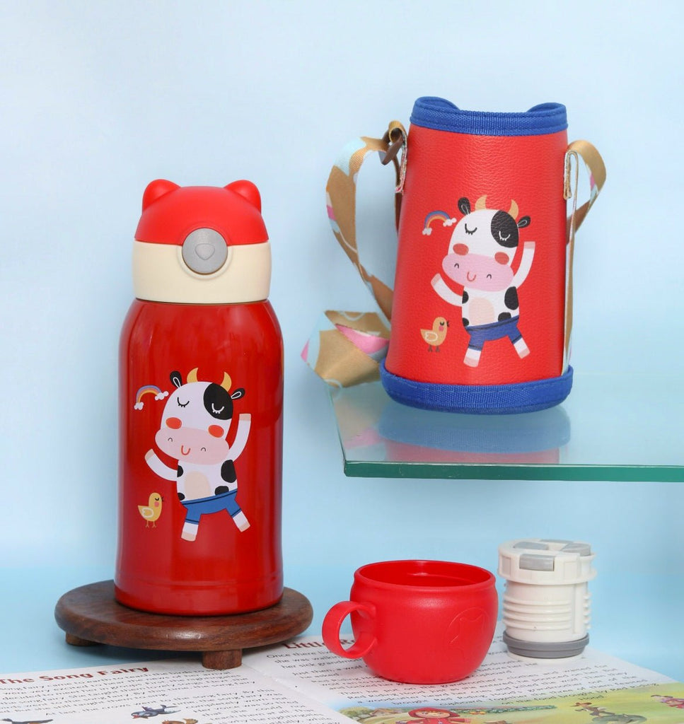 Yellow Bee Hot & Cold Cow Red Thermos Flask in a playful cow-themed holder